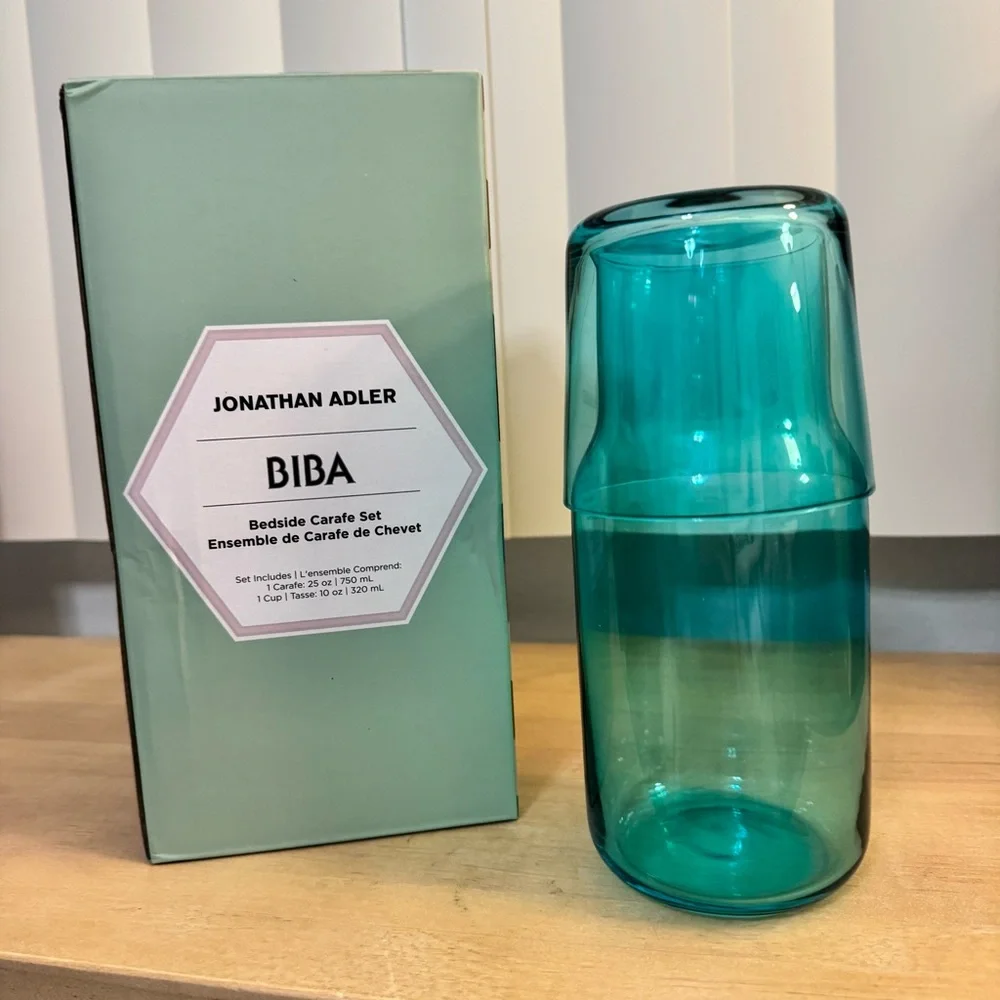 Jonathan Adler Turquoise Glass Bedside Carafe Set - Brand New